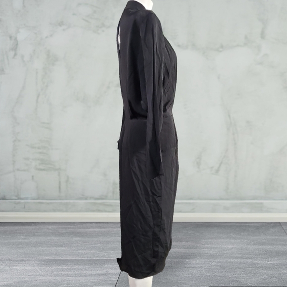 Vintage 80s Barbara Barbara Pleated Drop Waist Wrap Tulip Midi Dress Size 14 - Picture 2 of 9